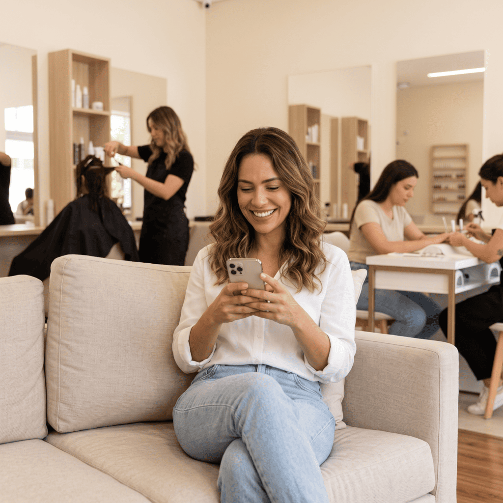 Cliente feliz olhando o celular ao receber lembrete automático de agendamento