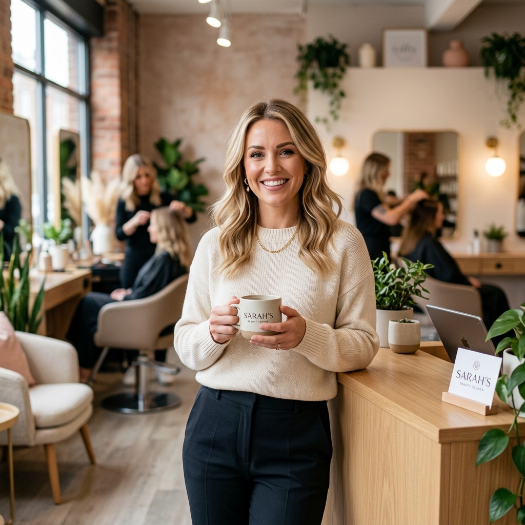 Dona de salão relaxada e confiante tomando café, com negócio sob controle