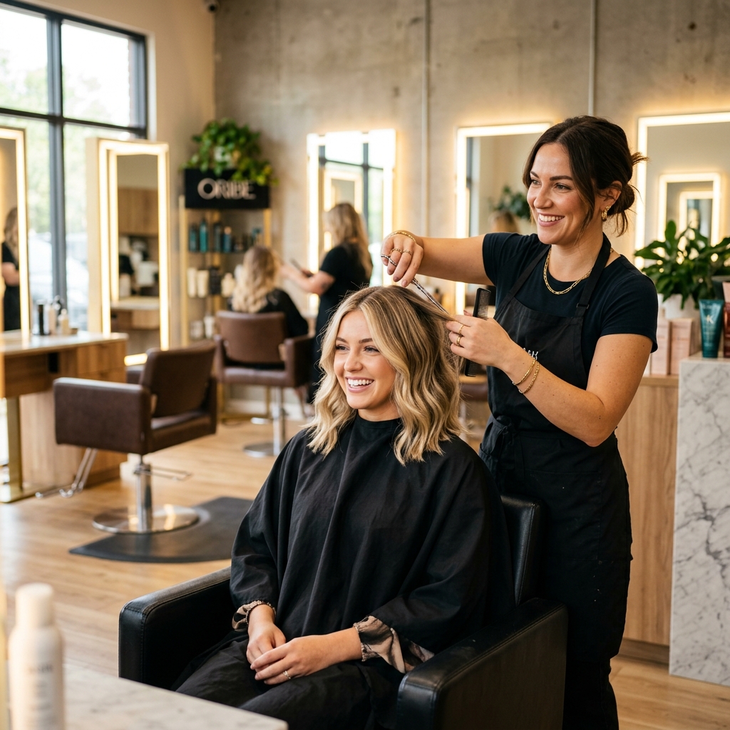 Cabeleireira finalizando um corte em cliente sorridente em salão moderno