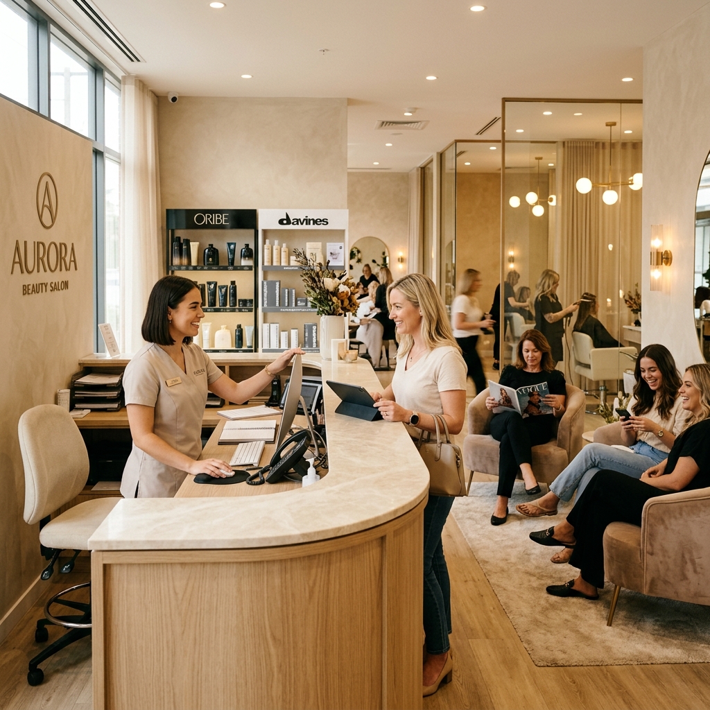 Recepção movimentada de salão de beleza com clientes esperando